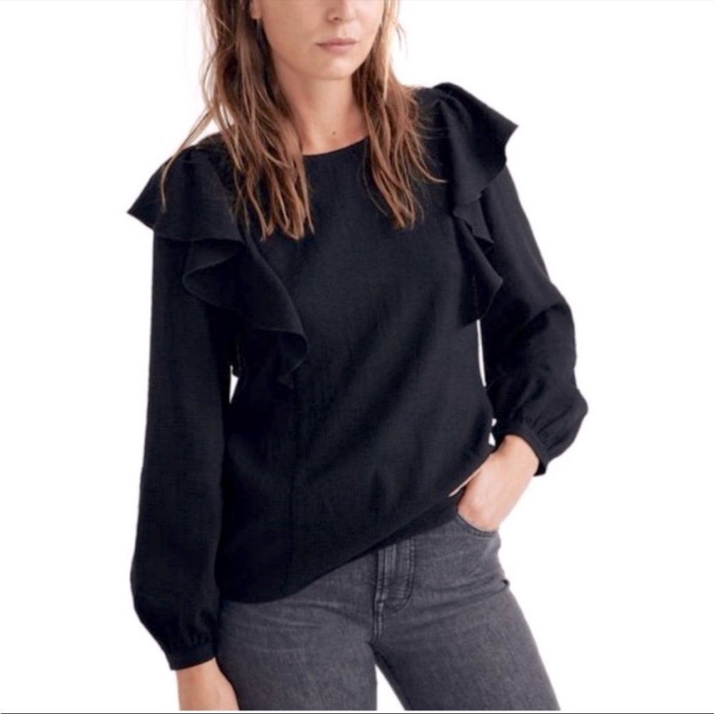 Madewell Black Monochromatic Gingham Ruffle-Front‎ Top in Size Extra Extra Small